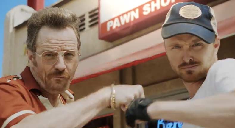 Bryan Cranston + Aaron Paul in “Barely Legal Pawn”